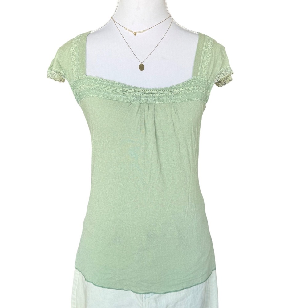 Forever 21 Green Tunic Top Lace Trim Square Neck Knit Shirt Cottagecore XS